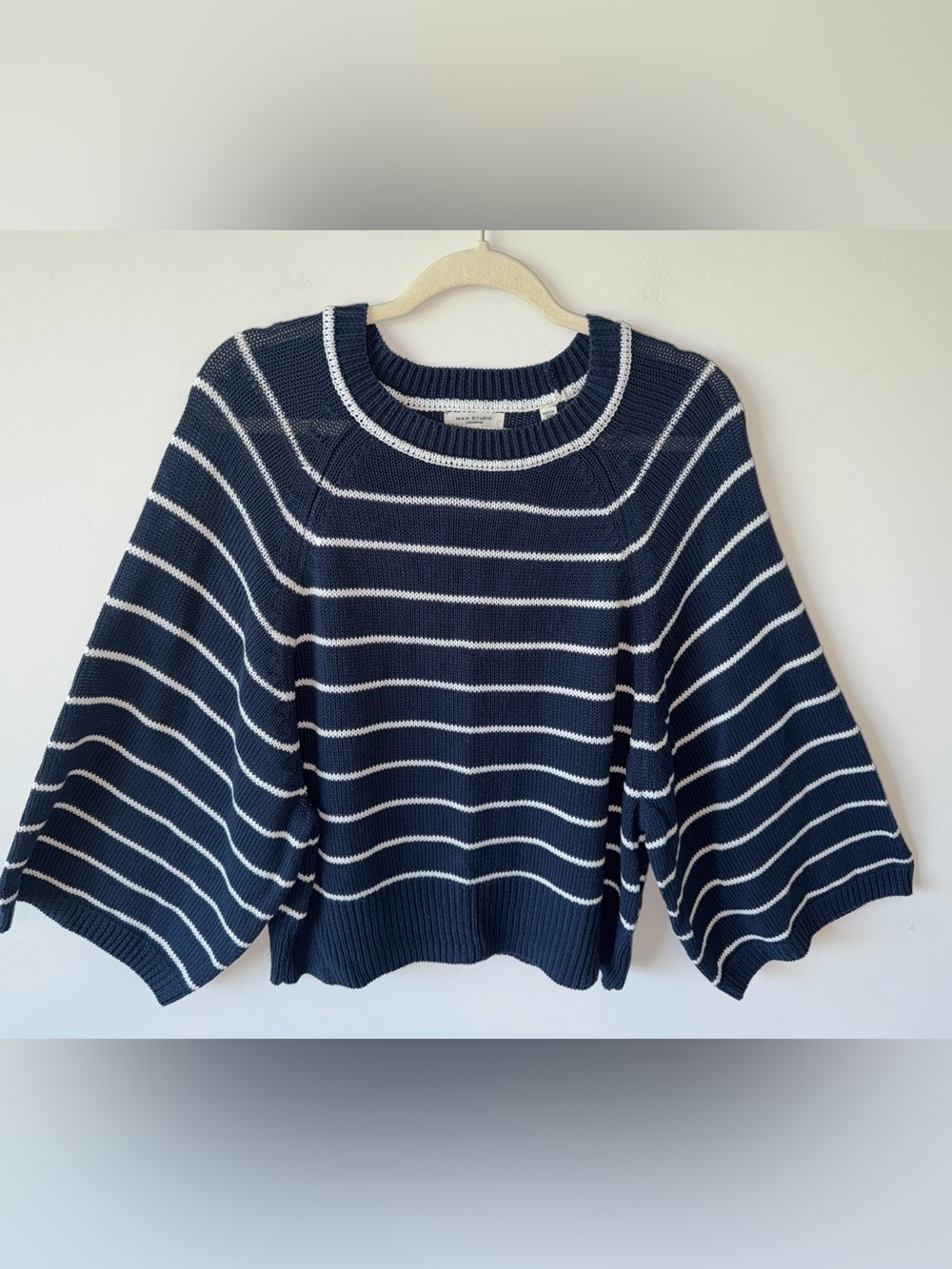 Max Studio Navy White Striped Crewneck Sweater Dolman Wide Sleeve Linen Lyocell